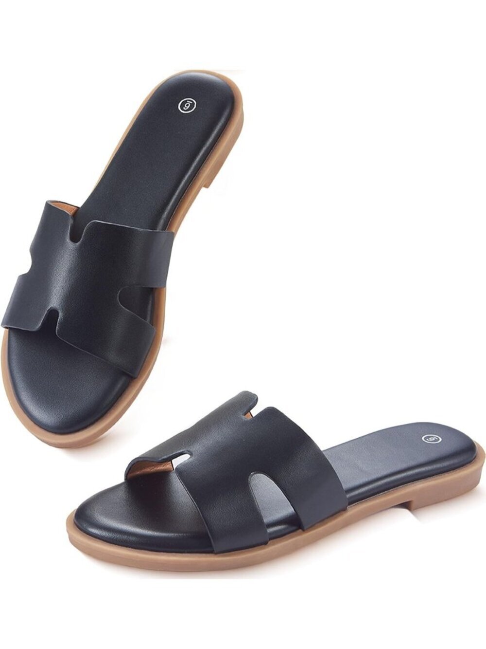 Women's Black Flat Round Open Toe Slides Casual Comfortable Cute Slip On Sandals